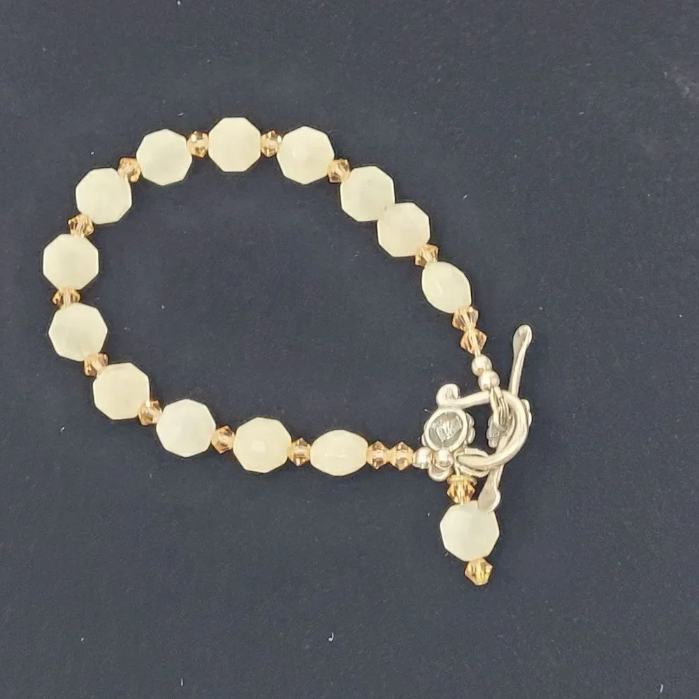 Artisan Handmade 925 Sterling Silver White Quartz Bicone Beaded Bracelet Healing